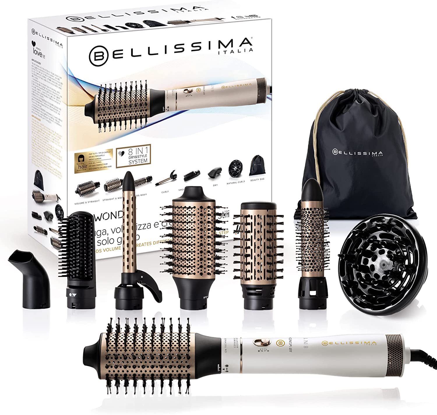 Cepillo Moldeador de pelo Imetec Bellissima Air Wonder GH20, 1000W, iónico, 8 accesorios, queratina cerámica